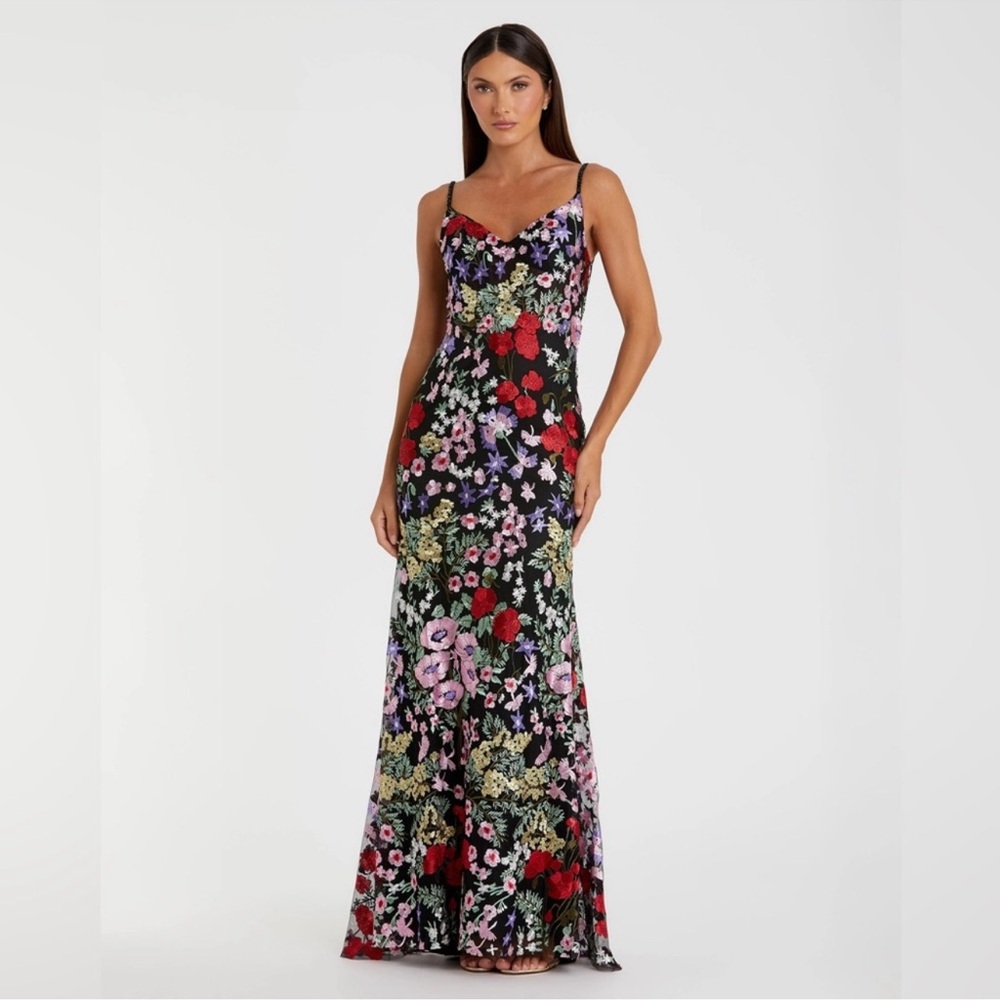 Mac Duggal Black Floral Sequin Slip Gown